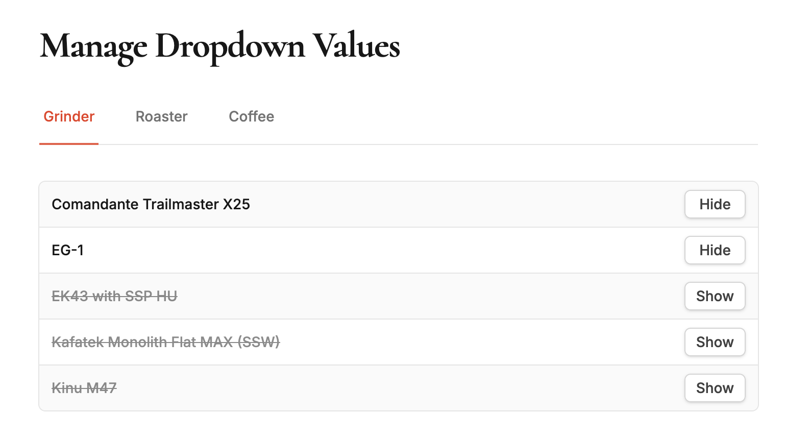 Manage Dropdown Values